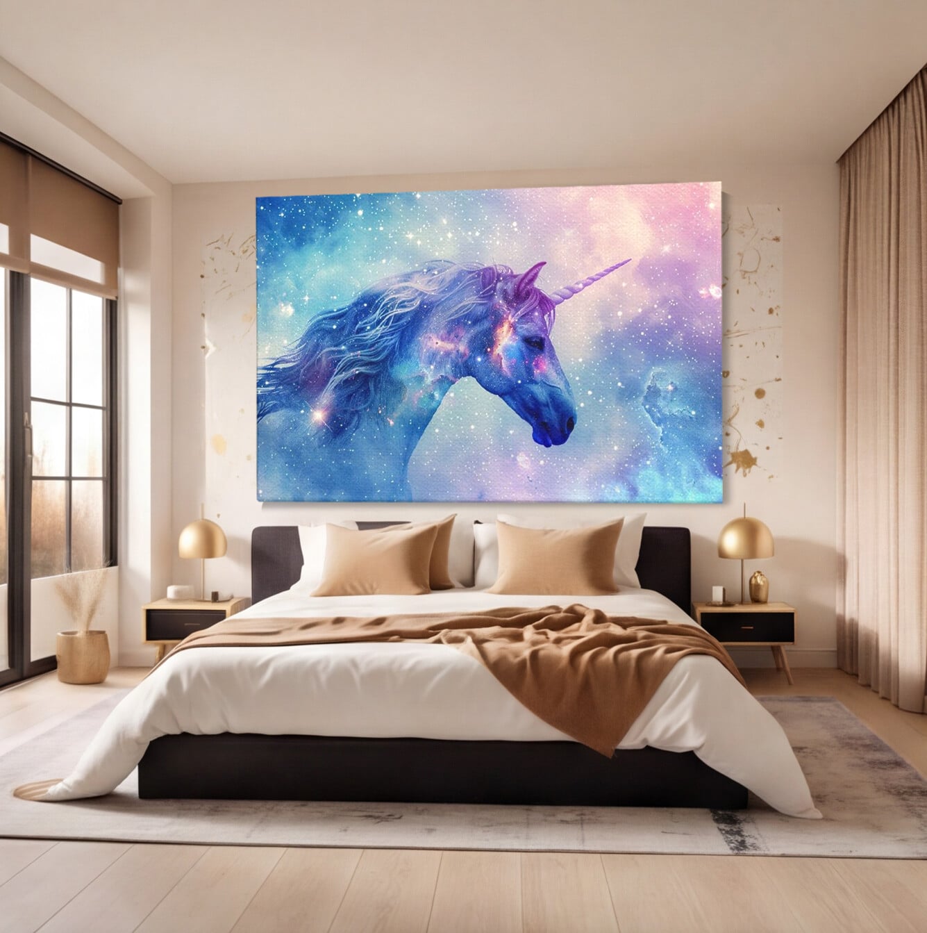 Tablou canvas cu tablou canvas cu unicorn cosmic in galaxie, fara rama, pe sasiu de lemn, pe perete intr-un dormitor
